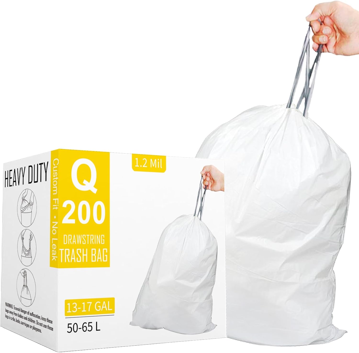 Code Q Heavy Duty Drawstring Trash Bags for 13-17 Gallon Cans