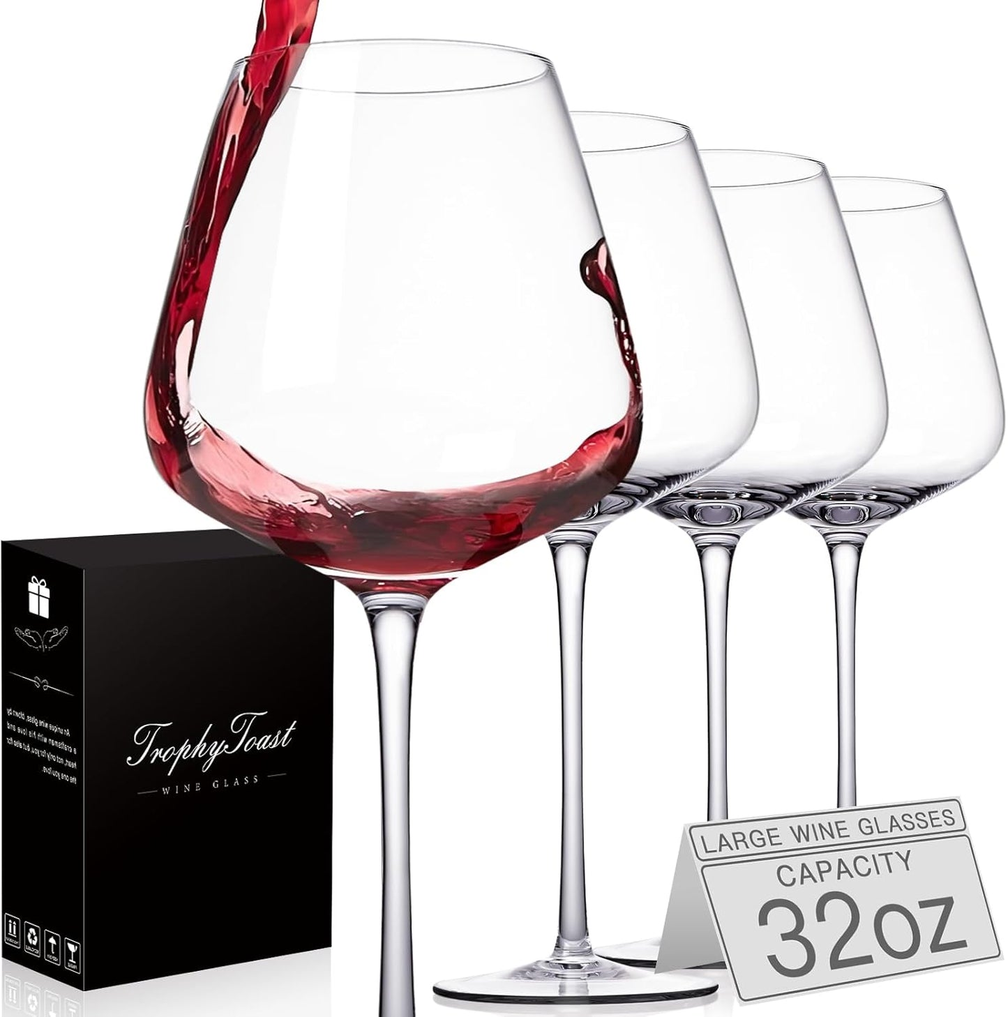 Extra Large 32oz Hand Blown Red Wine Glasses Set of 4