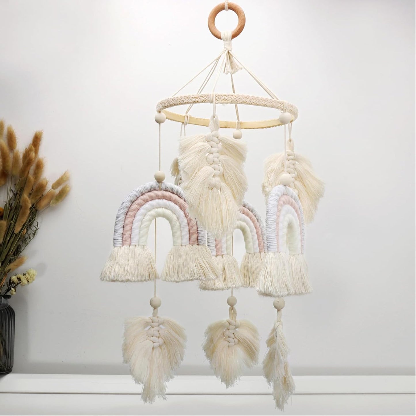 Boho Baby Mobile for Crib - Handmade Macrame Rainbow Decor