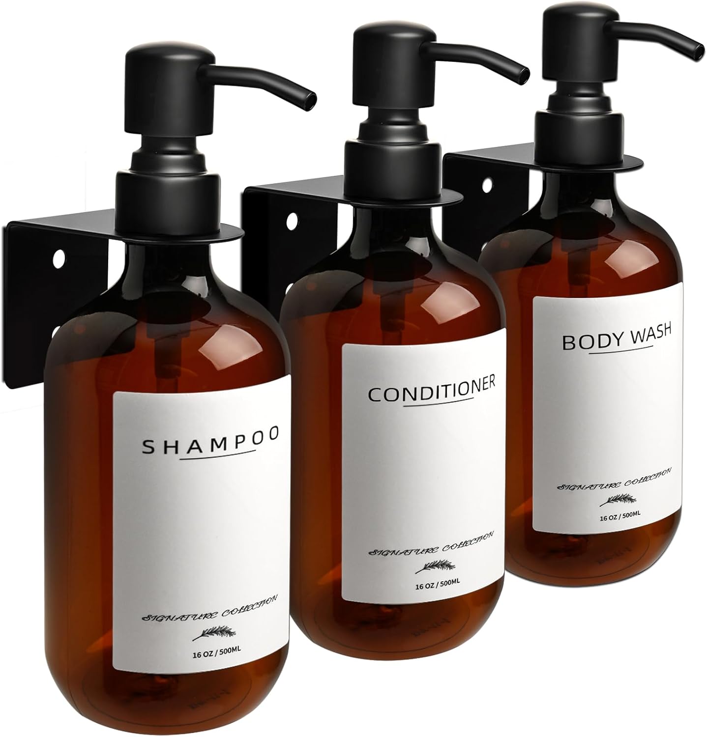 Amber Shower Wall Mount Dispenser - No Drill, Waterproof Labels
