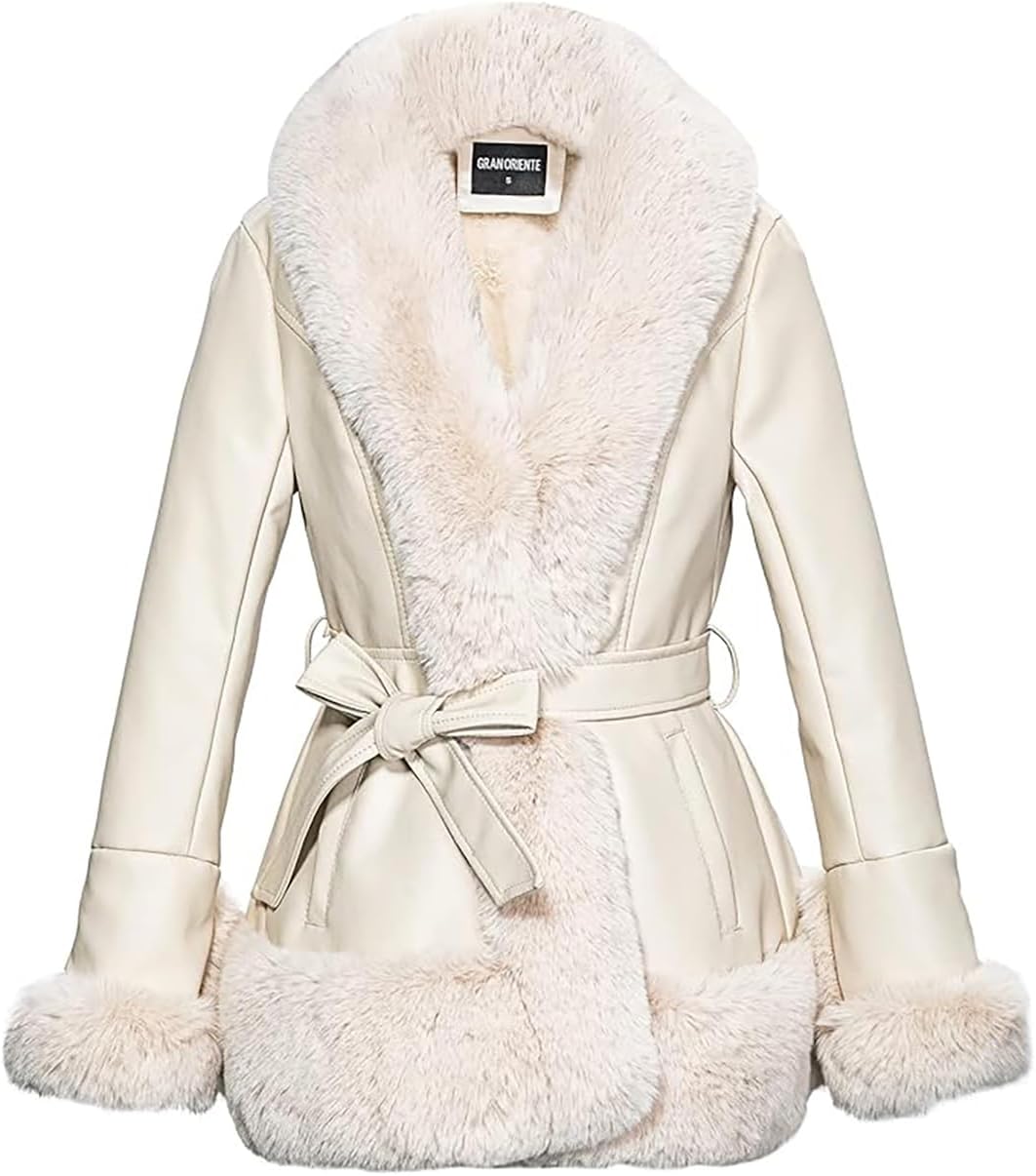 GRAN ORIENTE Women's Faux Leather Jacket with Faux Fur Collar