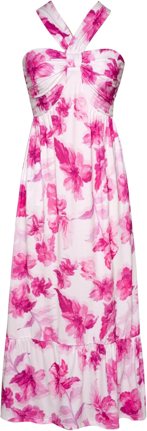 Women's Criss Cross Halterneck Floral Print Maxi Dress for Summer