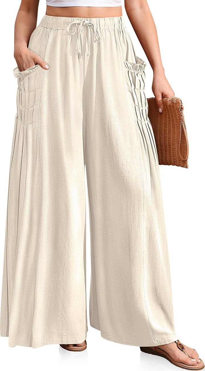 TARSE Women Linen Palazzo Pants for Summer Beach Travel Style