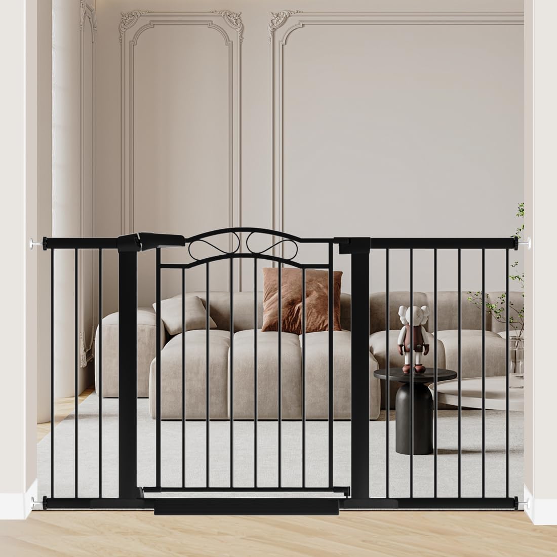Black Wide Baby Gate with Door for Stairs and Pets Safety