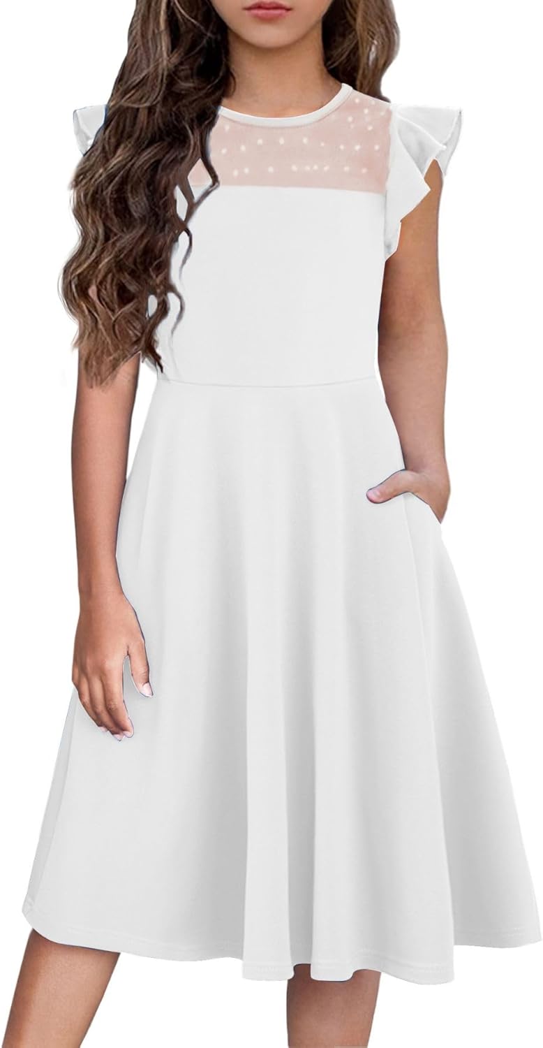 Girls Summer Formal Party Dress with Ruffle Sleeves and Pockets