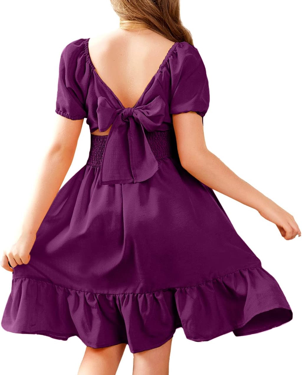 Arshiner Girls Tie Back Short Sleeve Ruffle Hem Dress for Kids