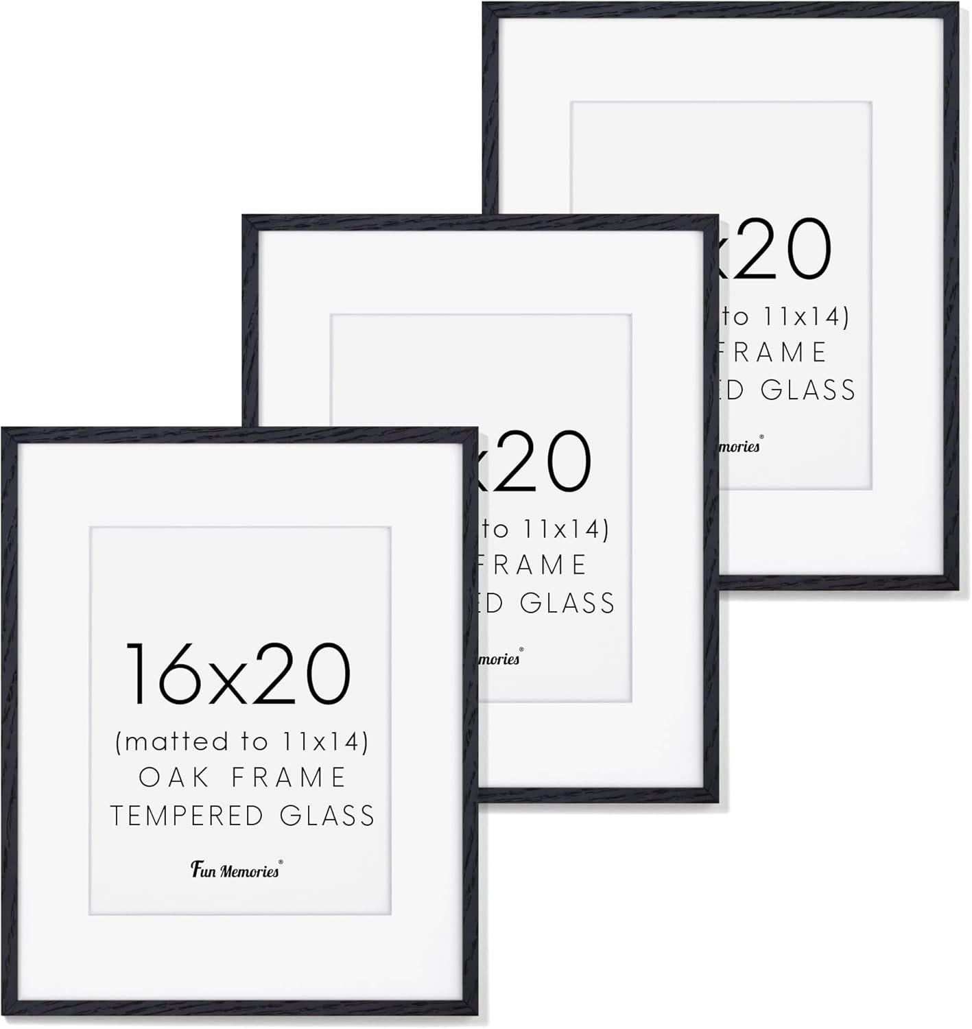 16x20 Black Oak Wood Picture Frames Set of 3 with Mat