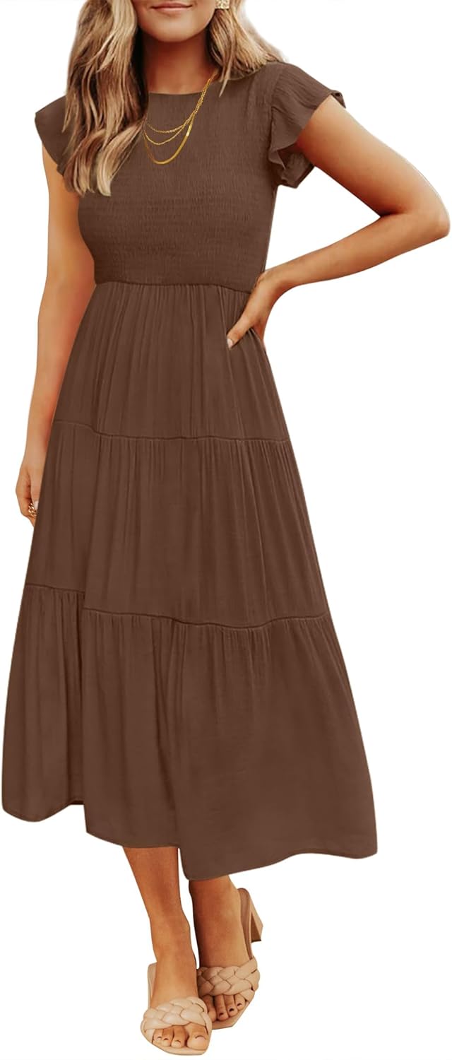 ZESICA Women's Casual Flutter Sleeve Midi Dress for Summer Fun