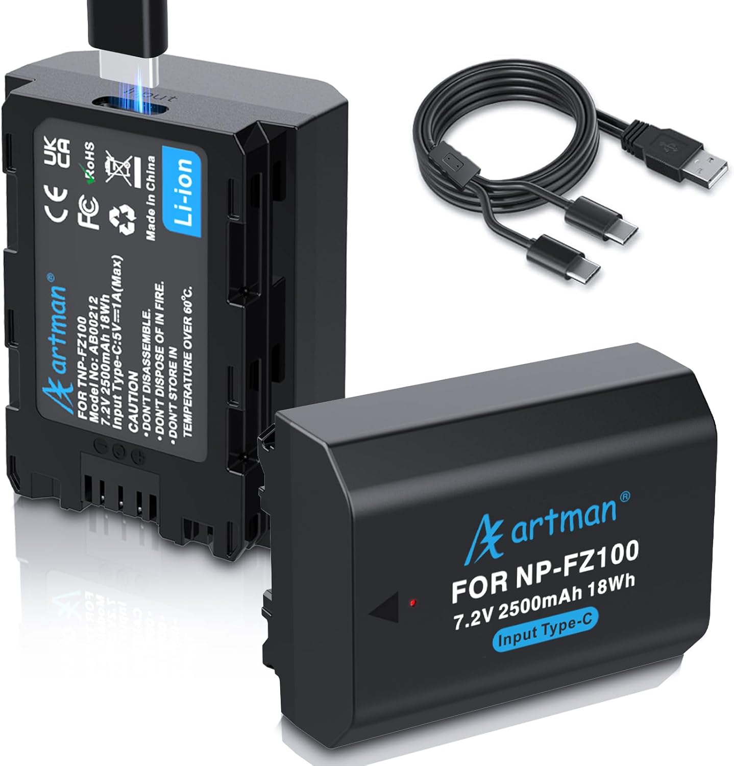 Artman NP-FZ100 Battery 2-Pack for Sony Cameras with Type-C Charging