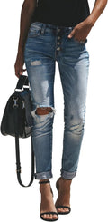 KUNMI Women's Ripped Mid Waisted Boyfriend Jeans - Relaxed
