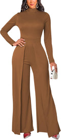 Women's Long Sleeve Round Neck Jumpsuit - Wide Leg Work Romper