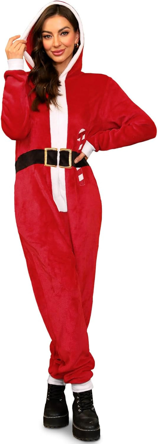 Women Christmas Hooded Fleece Onesie for Warm Holiday Fun
