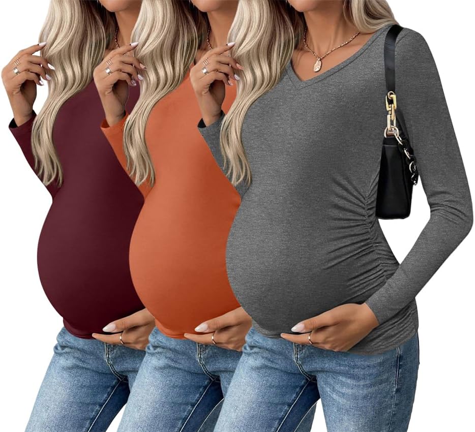 Ekouaer Womens Maternity Shirts Long Sleeve 3 Pack for Moms