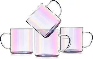 Iridescent Glass Coffee Mugs Set - Stylish 14 oz Rainbow Cups