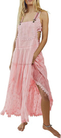 ebossy Women's Laced Embroidered Tulle Bib Maxi Dress - Airy Boho