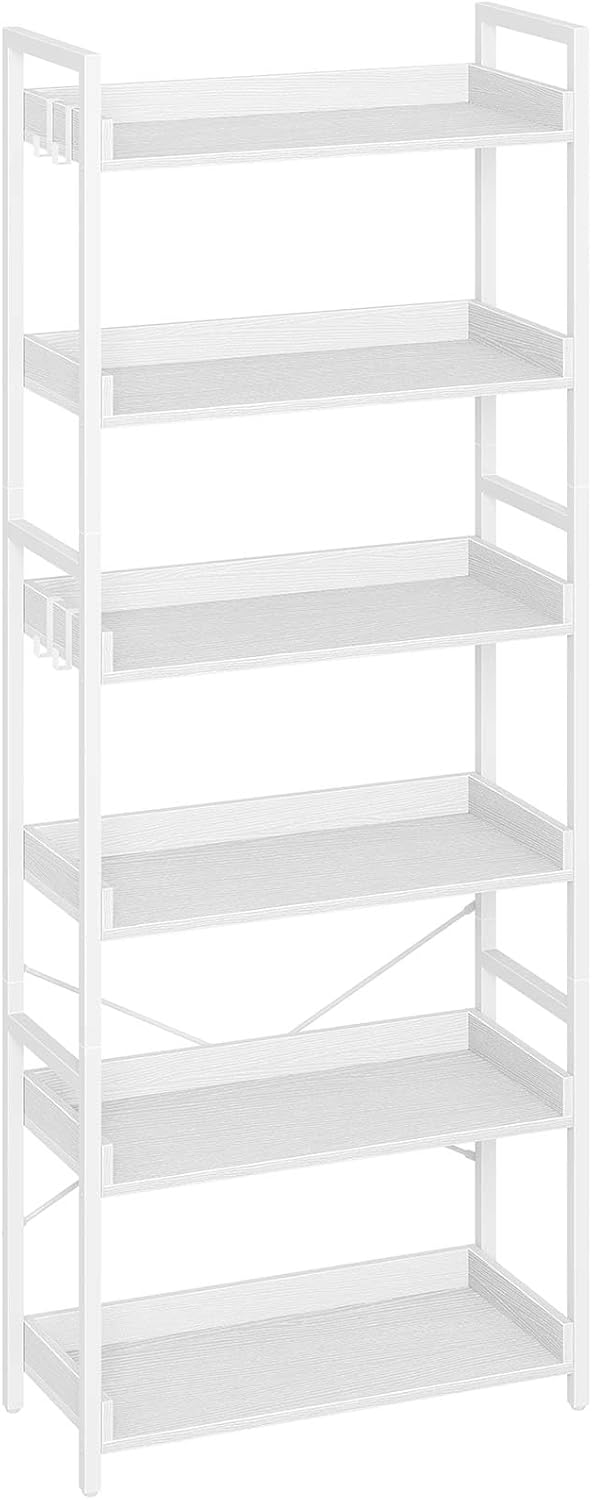 Rolanstar 6 Tier Industrial Wood Bookcase with Hooks for Storage