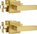 Brushed Gold 2 Pack Square Passage Door Handle - Keyless Satin Brass