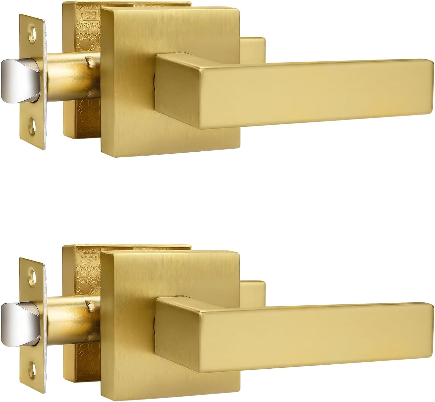 Probrico 2 Pack Square Brushed Gold Passage Door Handle Set