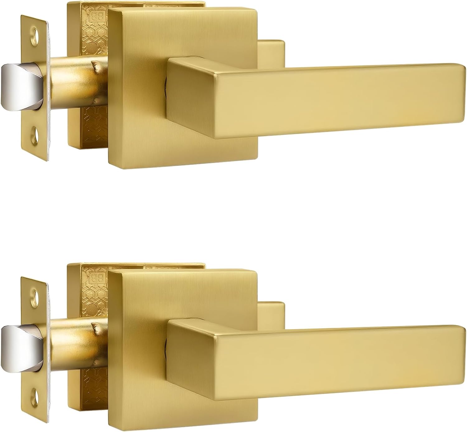 Probrico 2 Pack Square Brushed Gold Passage Door Handle Set
