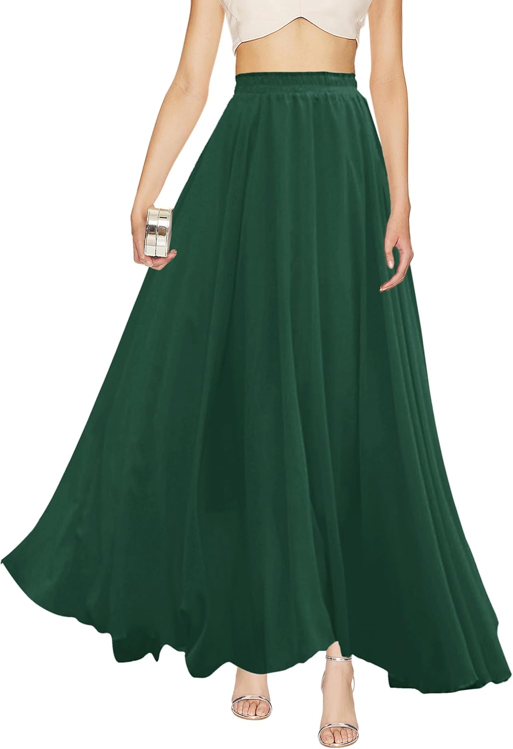 v28 Women Full Length Elastic Pleated Retro Maxi Chiffon Skirt