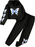 Girls Butterfly Print Crop Top Hoodie and Sweatpants Set - Stylish all