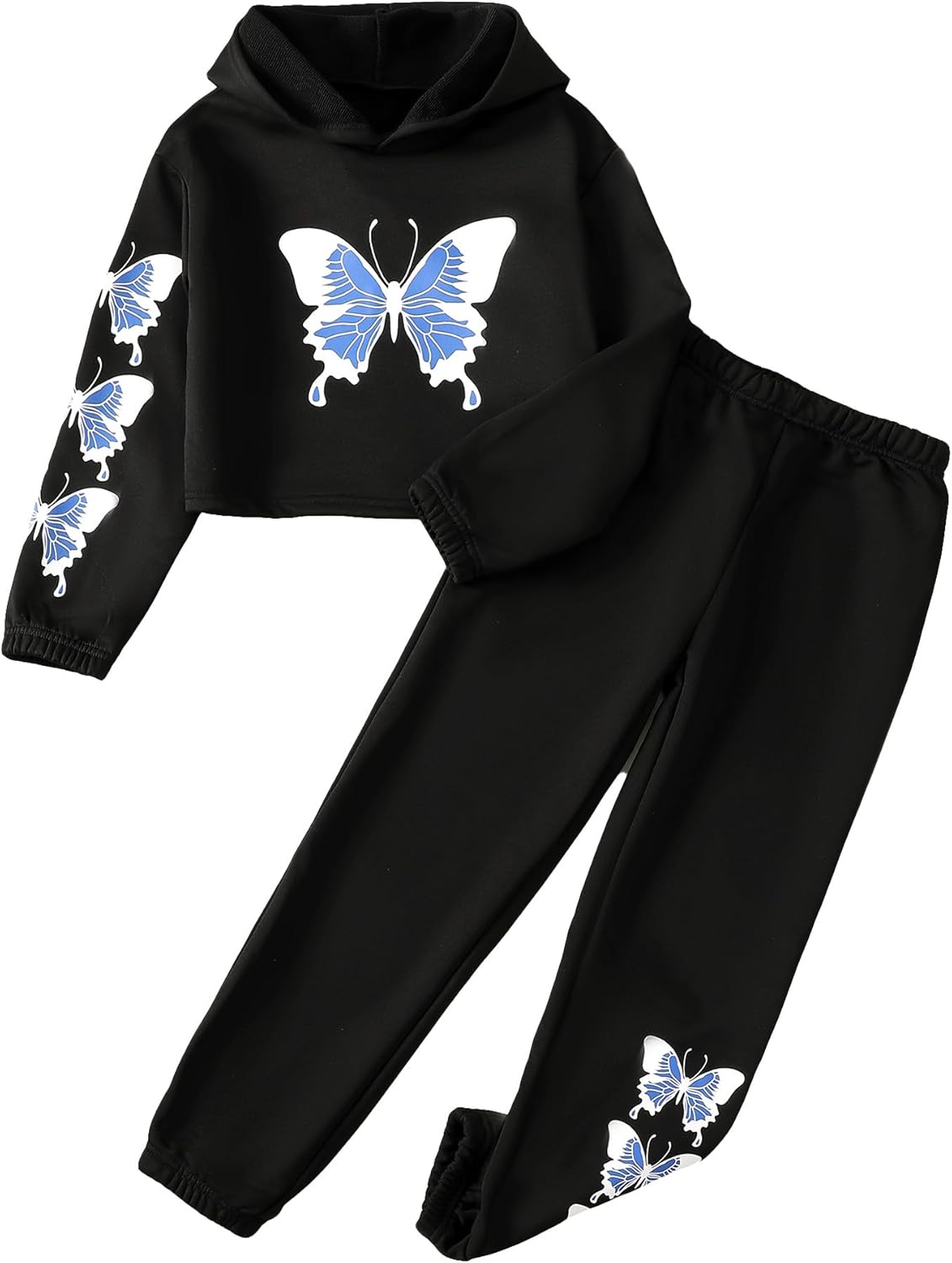 Girls' Butterfly Print Crop Top Hoodie and Sweatpants Set