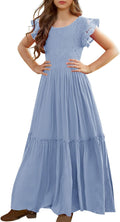 MITILLY Girls A-Line Maxi Dress with Lace Flower Ruffle Sleeves