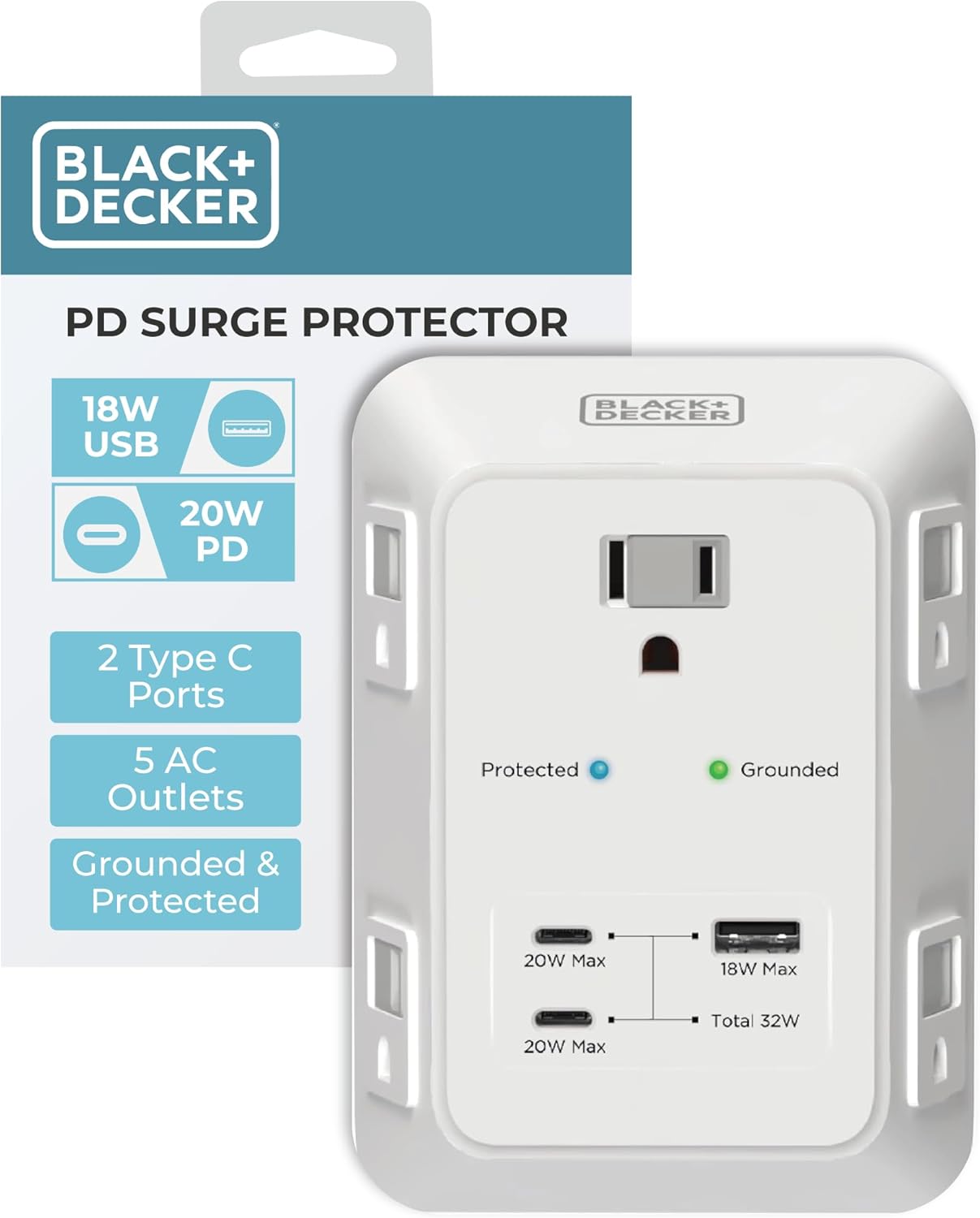 BLACK+DECKER 5 Outlet Surge Protector with USB Charging Ports
