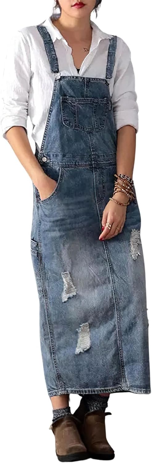 Chouyatou Women's Adjustable Strap Distressed Denim Overall Dress