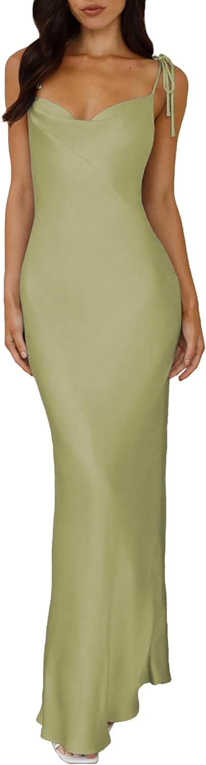 2025 Satin Cowl Neck Spaghetti Strap Maxi Dress for Women