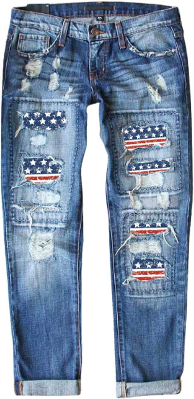 Astylish Womens Plaid Patch Ripped Boyfriend Distressed Jeans