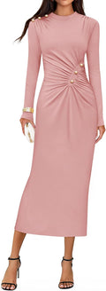 Womens Long Sleeve Mock Neck Bodycon Midi Dress - Ruched Knit Fit