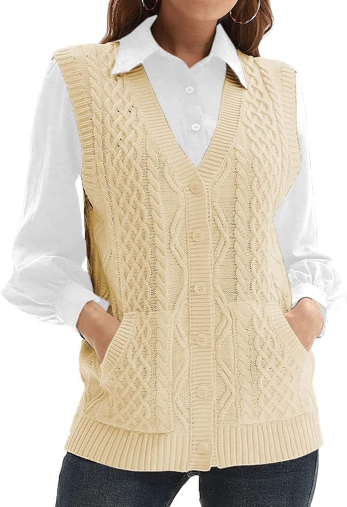 Womens Knit Sweater Vest V Neck Sleeveless Cardigan with Pockets