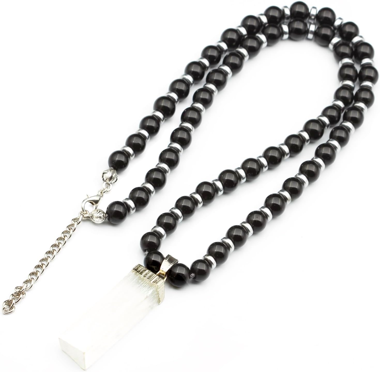 Natural Raw Tourmaline Pendant with Black Onyx Beaded Necklace
