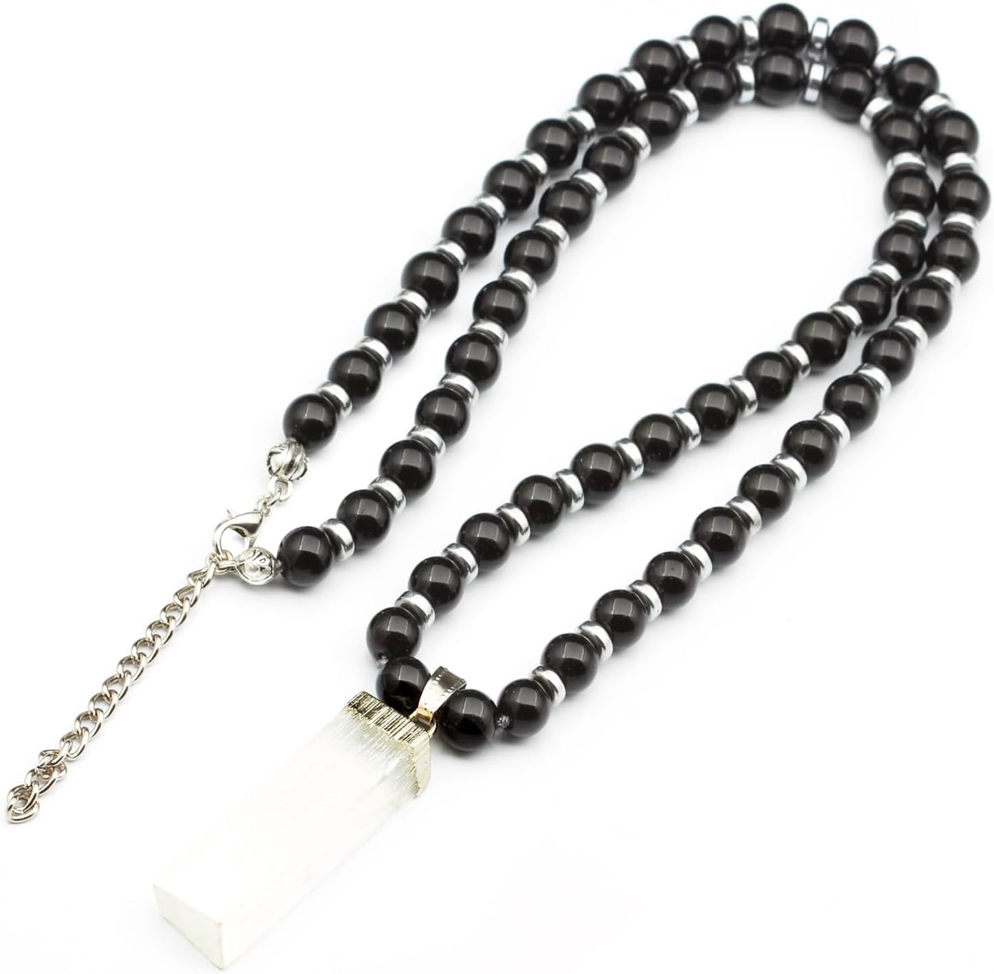 Natural Raw Tourmaline Pendant with Black Onyx Beaded Necklace
