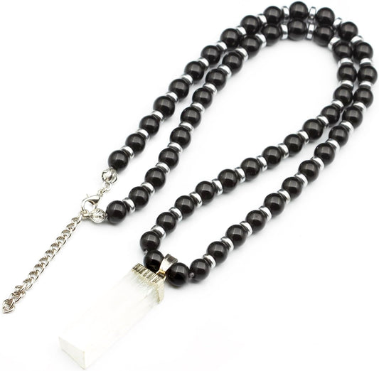 Natural Raw Tourmaline Pendant and Black Onyx Beaded Necklace