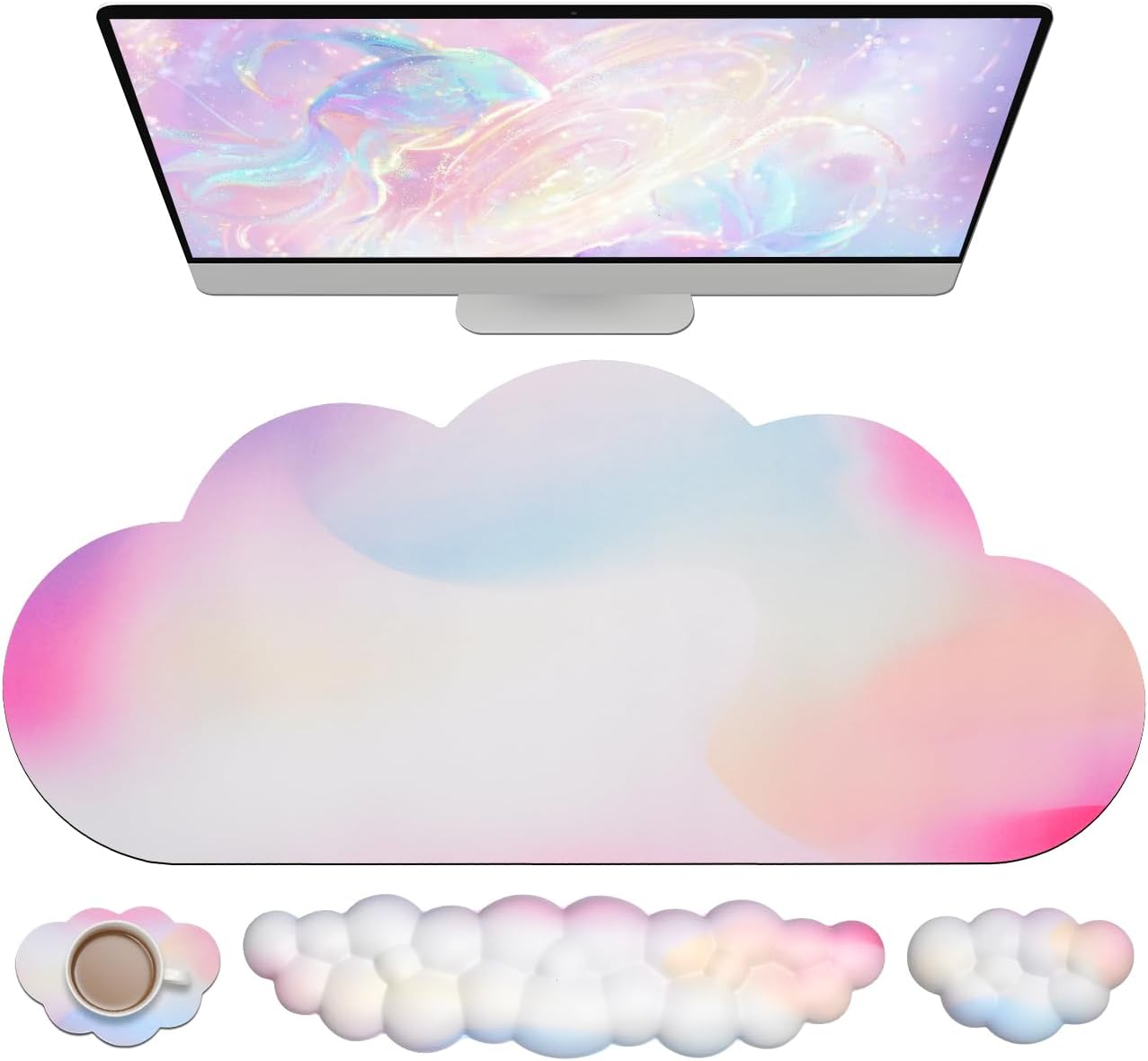 JIKIOU Cloud Mouse Pad Set - Ergonomic Wrist Support, Rainbow Design