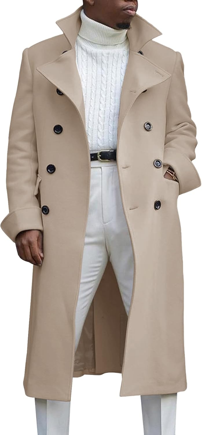 Ebifin Men's Notch Lapel Double Breasted Long Trench Coat