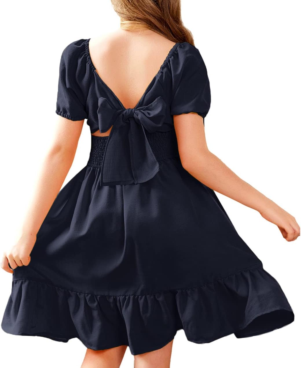 Arshiner Girls Tie Back Short Sleeve Ruffle Hem Dress for Kids