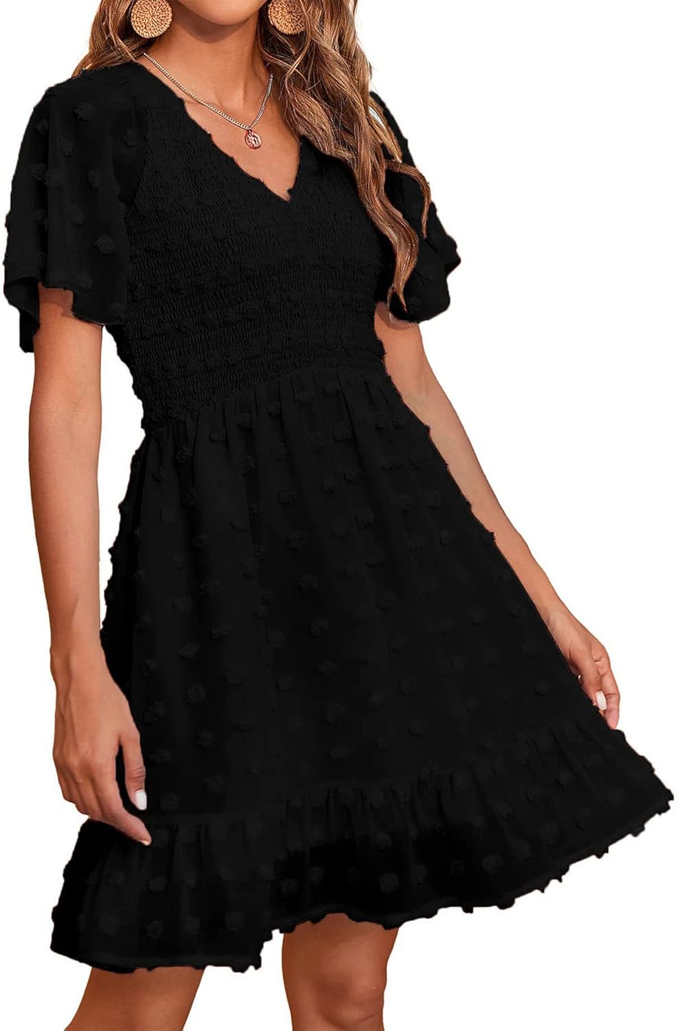 Womens Beach Vacation Dress V Neck Short Sleeve Smocked Mini