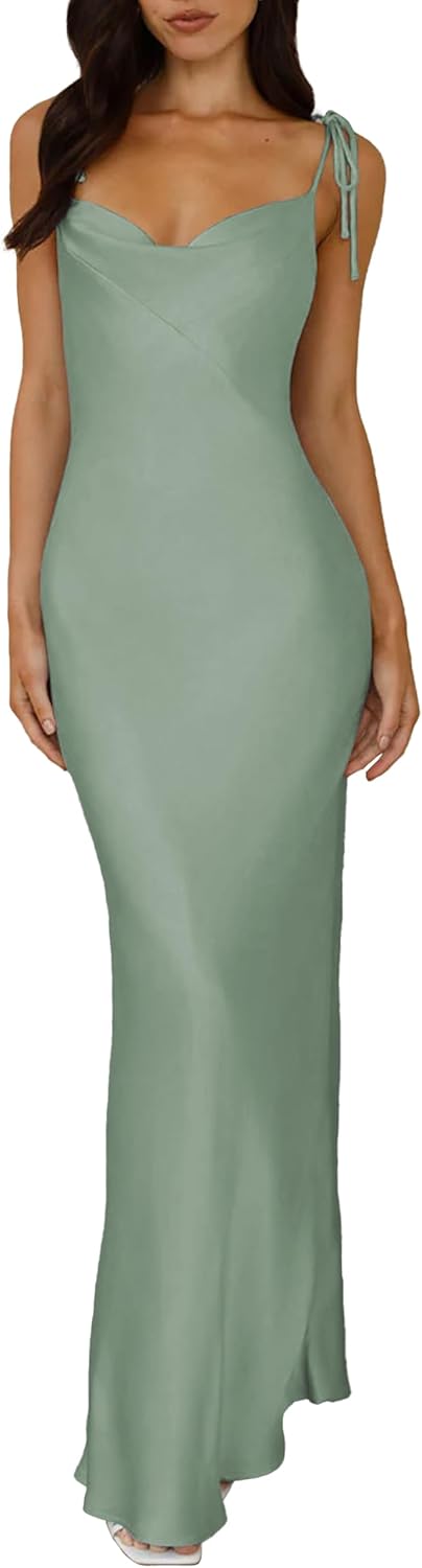 Elegant Satin Cowl Neck Spaghetti Strap Maxi Dress for Women