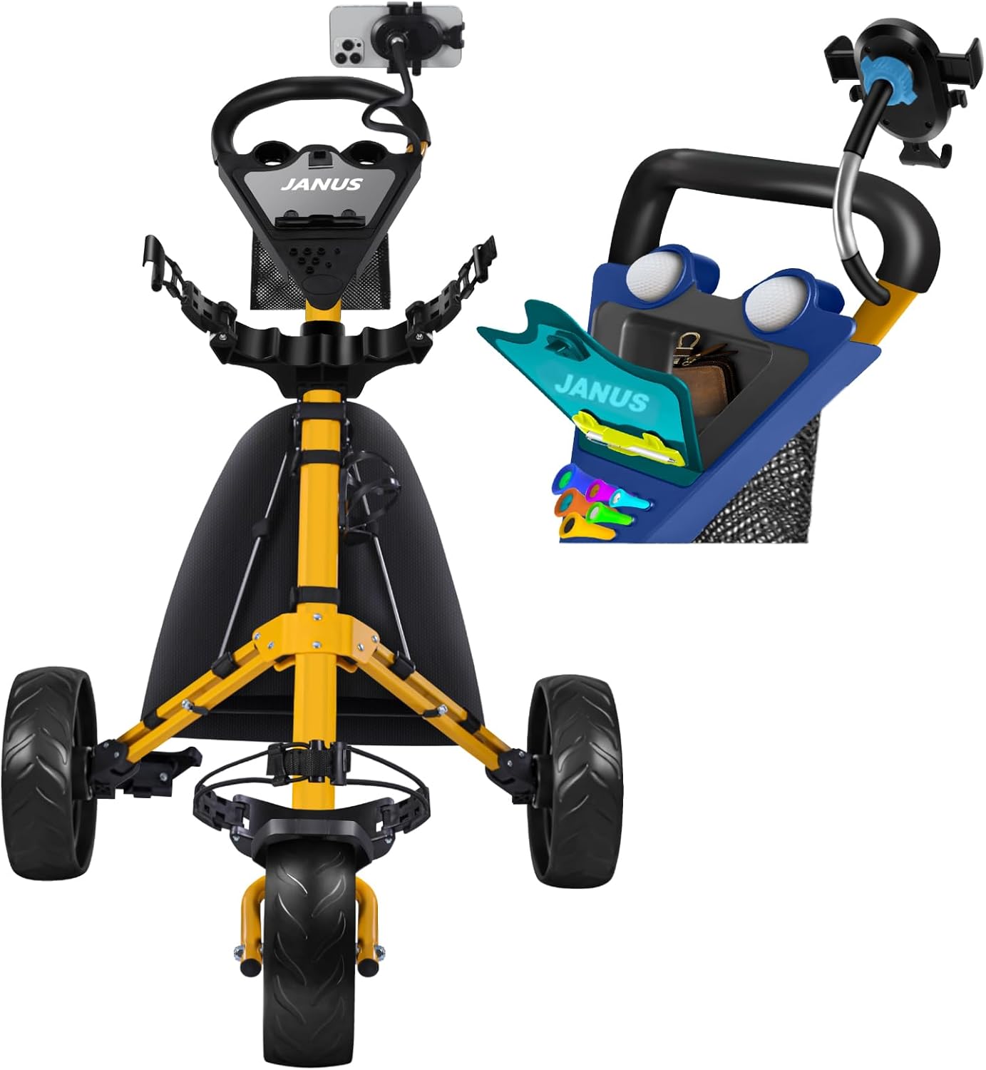 JANUS Golf Cart: Foldable 3 Wheel Push Cart with Holder