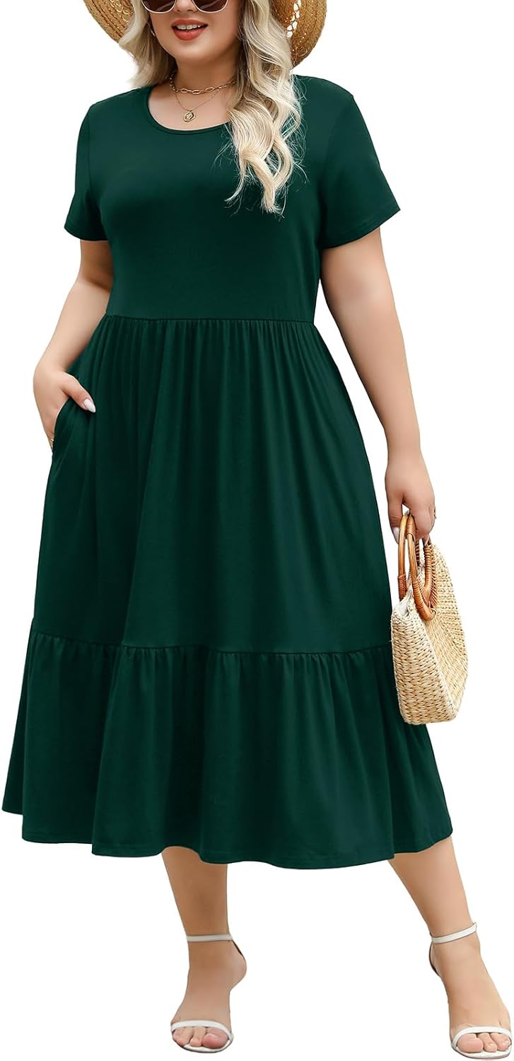 Women's Plus Size Midi Casual Dress with Pockets for Summer