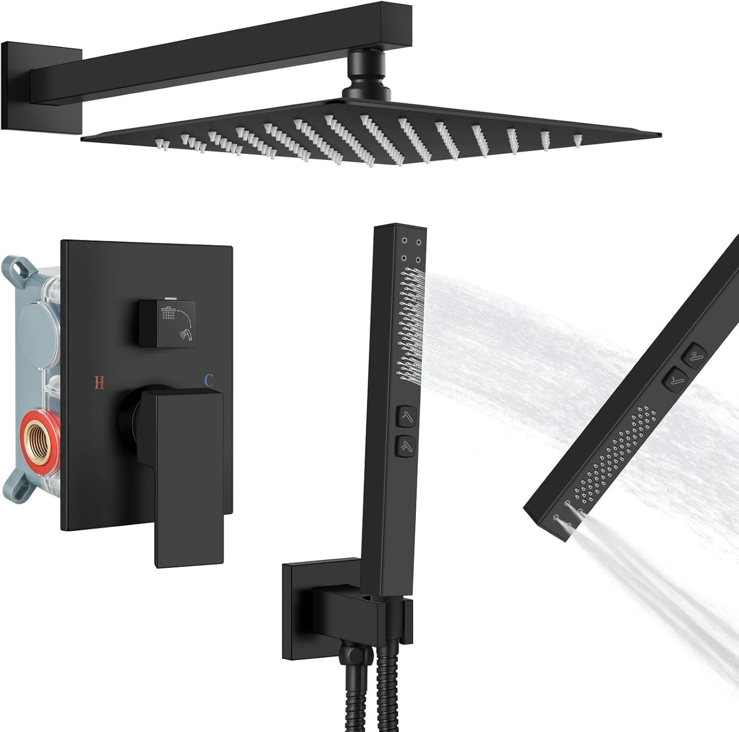 Rainfall Shower System with Square Showerhead and Handheld Sprayer