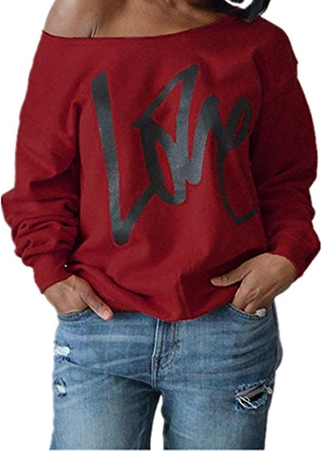 Love Print Off-Shoulder Sweatshirt - Taiduosheng