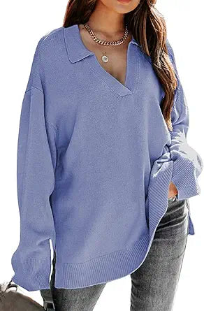 LILLUSORY Women's V Neck Collared Oversized Knit Pullover Sweater