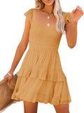Women Summer Dresses Casual Boho Smocked Ruffle Babydoll Mini Dress