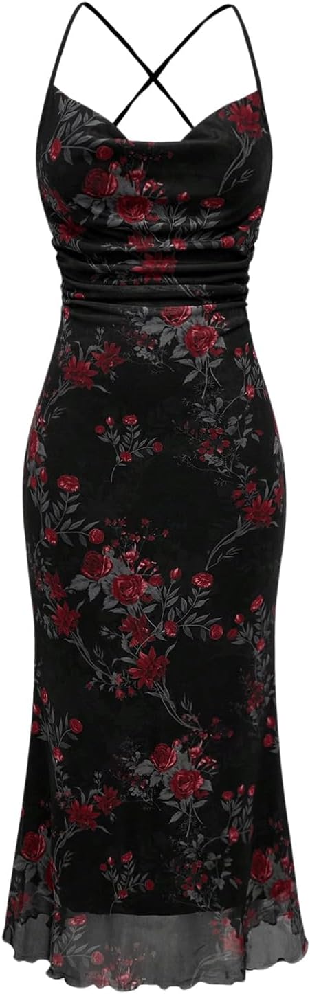 Floral Mesh Bodycon Cami Dress for Cocktail Party and Weddings