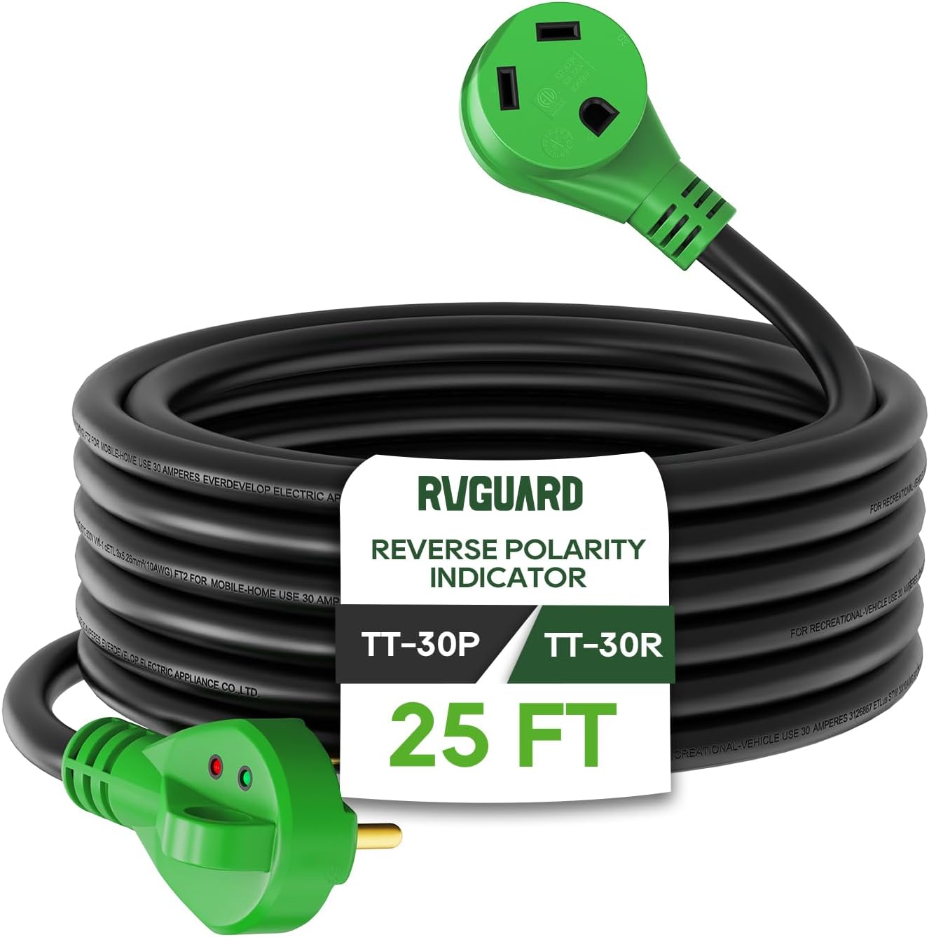 RVGUARD 30 Amp 25 Foot RV Extension Cord with Indicator and Organizer
