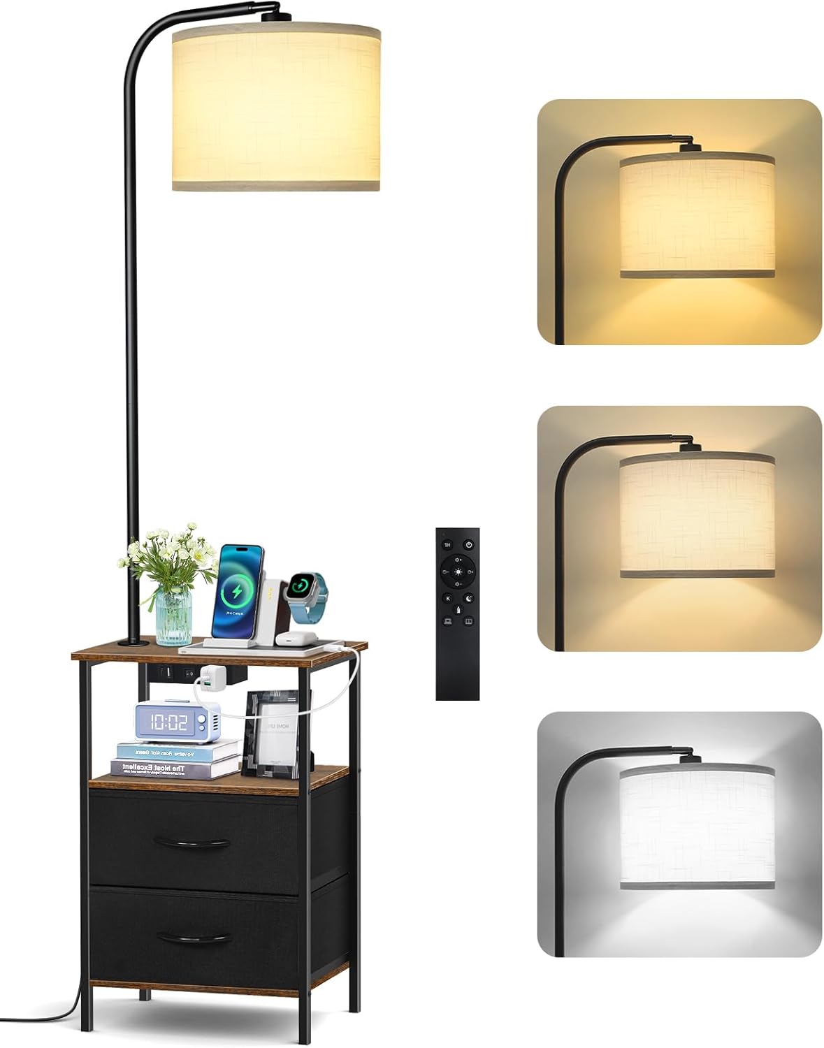 Versatile Floor Lamp with Table, 2 Drawers & Remote Control